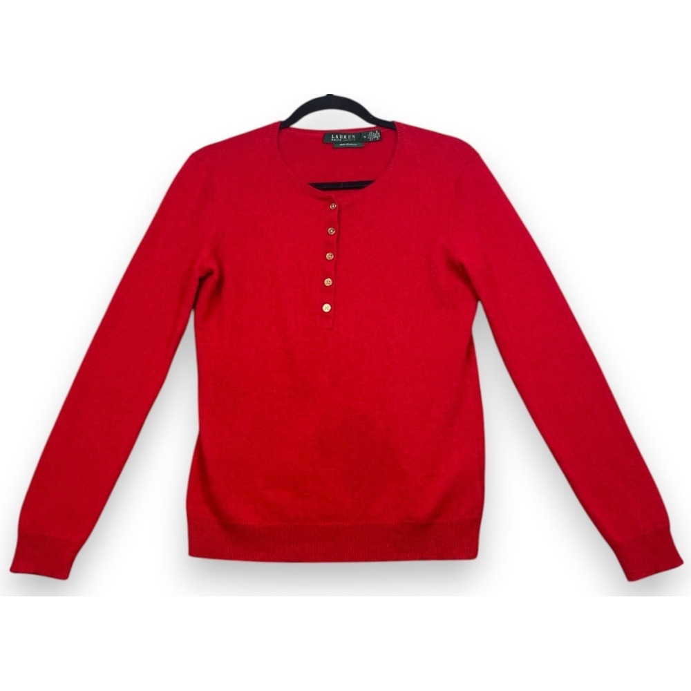 Lauren Ralph Lauren 100% Cashmere Sweater Red Medium Henley